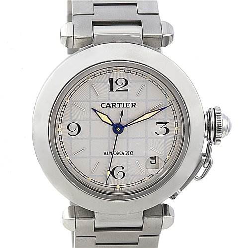 The image shows a frontal view of the Cartier Pasha W31023M7 Women
s Stainless Steel Silver Dial W31023M7 Women
s Stainless Steel Silver Dial model watch, displaying its dial, bezel, and part of the bracelet.