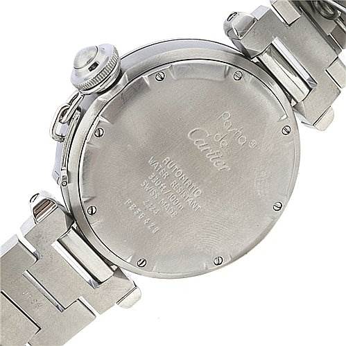 This image shows the back case and stainless steel bracelet of a Cartier Pasha W31023M7 Women
s Stainless Steel Silver Dial W31023M7 Women
s Stainless Steel Silver Dial watch at an angle emphasizing the case back.