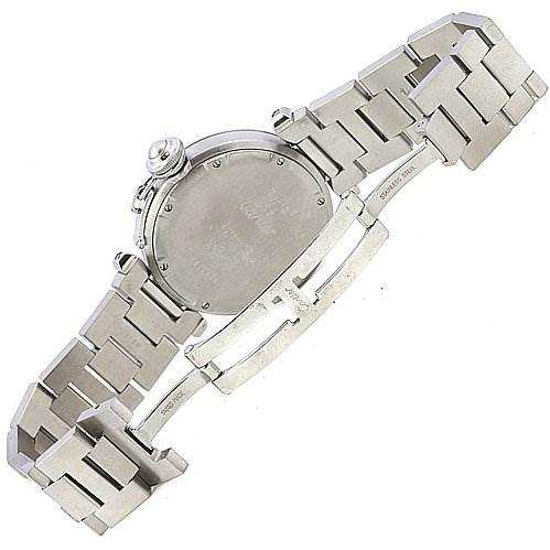 The image shows the back view of a Cartier Pasha W31023M7 Women
s Stainless Steel Silver Dial W31023M7 Women
s Stainless Steel Silver Dial watch, highlighting its metallic bracelet and clasp.