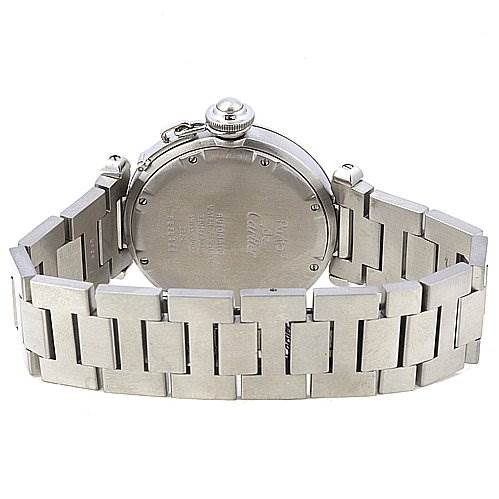 This image shows the back view of a Cartier Pasha W31023M7 Women
s Stainless Steel Silver Dial W31023M7 Women
s Stainless Steel Silver Dial model watch, highlighting its case back and metal bracelet.
