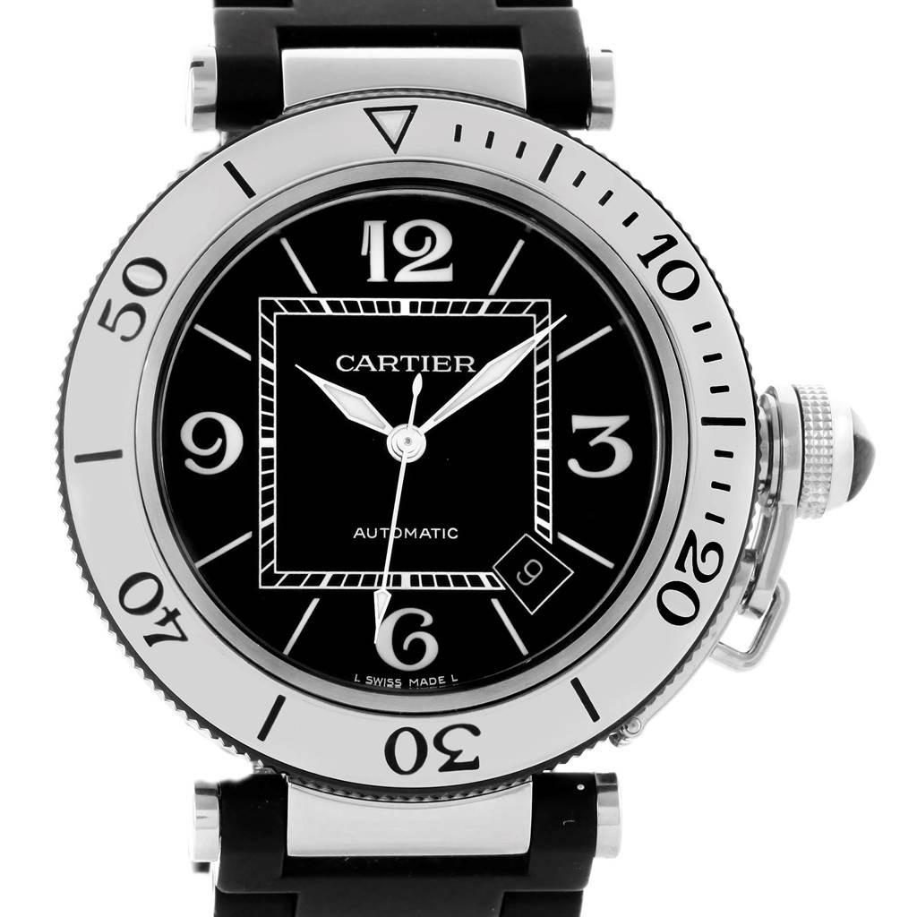 This image shows a front view of the Cartier Pasha W31077U2 Men's Stainless Steel Black Dial W31077U2 Men's Stainless Steel Black Dial model watch, highlighting its dial, bezel, and crown.