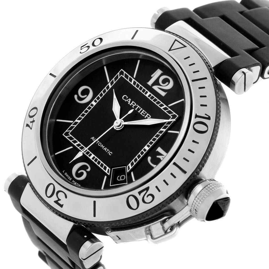 The image shows a Cartier Pasha W31077U2 Men's Stainless Steel Black Dial W31077U2 Men's Stainless Steel Black Dial watch from an angled front view, highlighting the dial, bezel, and part of the strap.