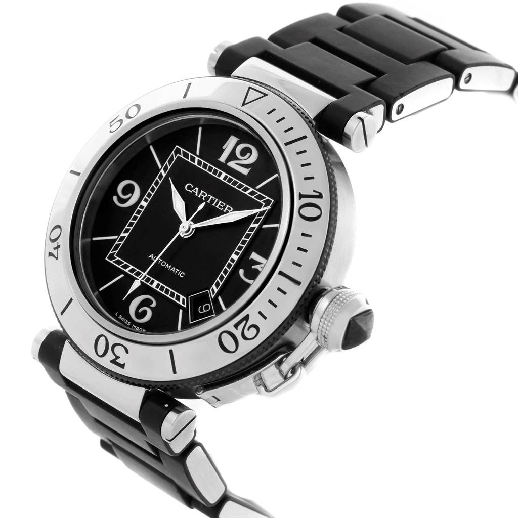 This image shows a Cartier Pasha W31077U2 Men's Stainless Steel Black Dial W31077U2 Men's Stainless Steel Black Dial watch at an angled view displaying the face, bezel, crown, and part of the strap.