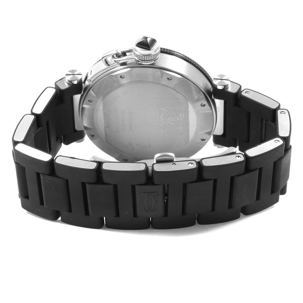 The image shows the back view of a Cartier Pasha W31077U2 Men's Stainless Steel Black Dial W31077U2 Men's Stainless Steel Black Dial watch with a black link bracelet.