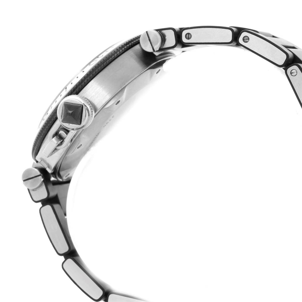 This image shows a side view of the Cartier Pasha W31077U2 Men's Stainless Steel Black Dial W31077U2 Men's Stainless Steel Black Dial watch, highlighting the crown, bezel, and part of the bracelet.