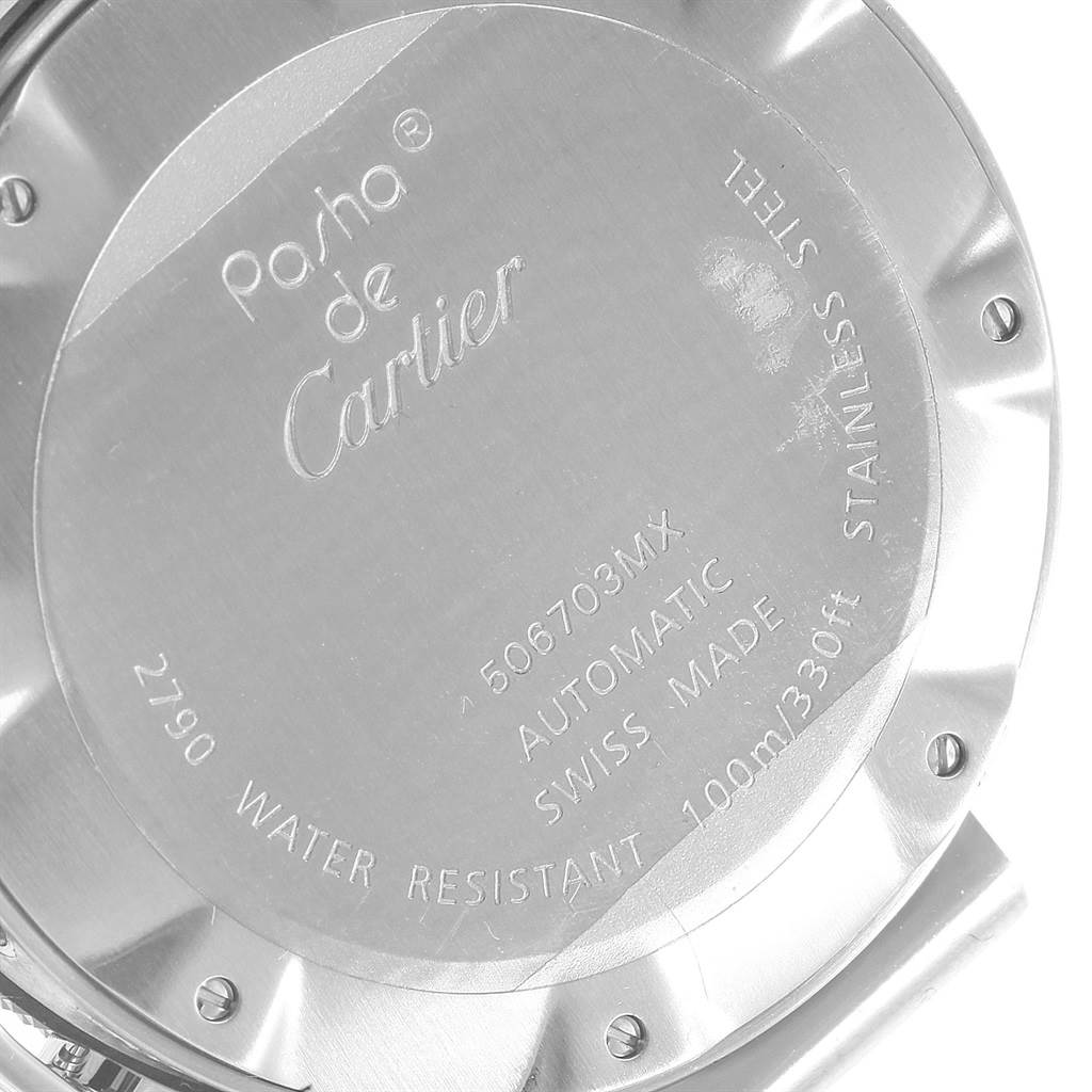 This image shows the case back of a Pasha de Cartier watch, highlighting its engravings and screws.