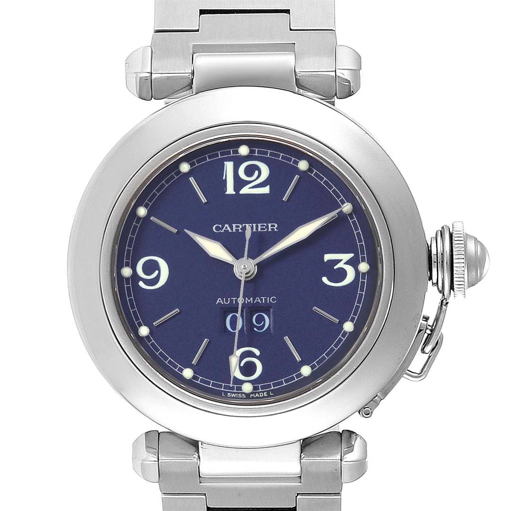The image shows a front view of a Cartier Pasha W31047M7 Men's Stainless Steel Blue Dial W31047M7 Men's Stainless Steel Blue Dial model watch, highlighting its face, dial, and part of the bracelet.