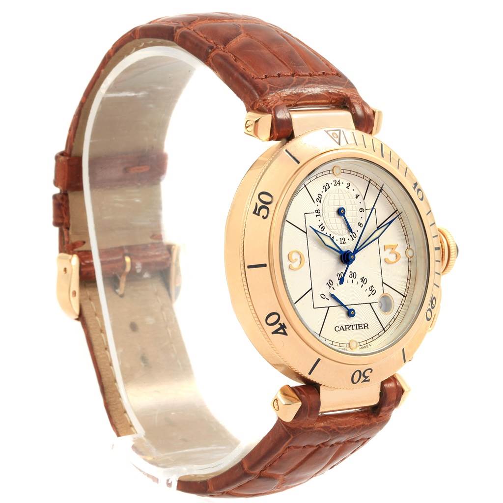 The image shows the Cartier Pasha W30144D1 Men's Yellow Gold Silver Dial W30144D1 Men's Yellow Gold Silver Dial watch from a front-left angle, highlighting the face, bezel, leather strap, and crown.