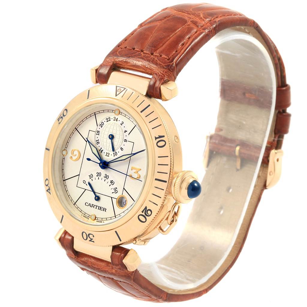 The image shows a Cartier Pasha W30144D1 Men's Yellow Gold Silver Dial W30144D1 Men's Yellow Gold Silver Dial model watch at a three-quarter angle, highlighting its dial, bezel, crown, and leather strap.