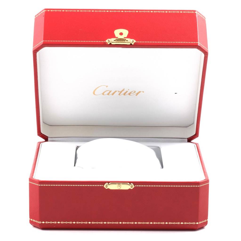The image shows an open red box with a white interior for a Cartier Pasha W30144D1 Men's Yellow Gold Silver Dial W30144D1 Men's Yellow Gold Silver Dial model watch at a front angle.