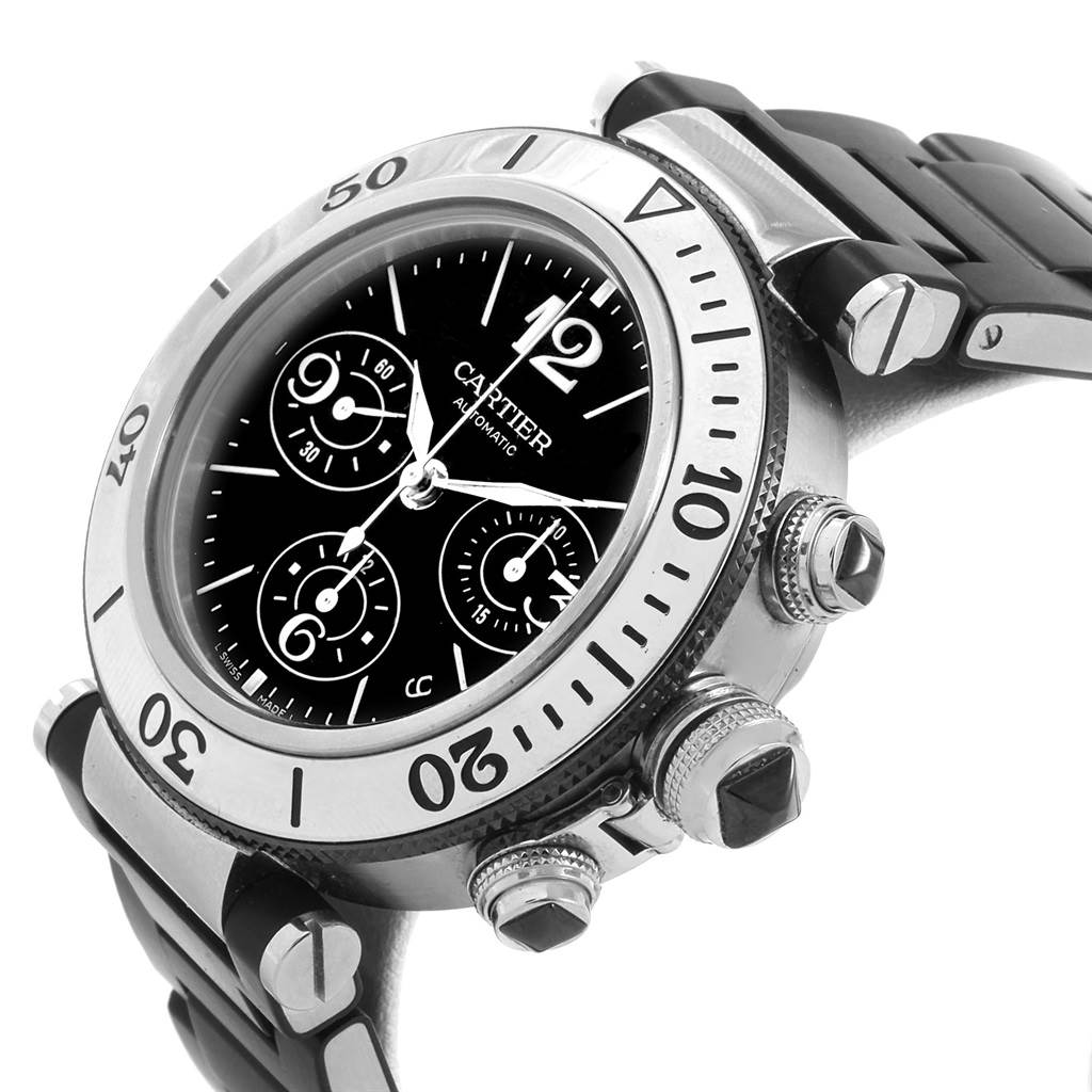 This image shows the Cartier Pasha W31088U2 Men
s Stainless Steel Black Dial W31088U2 Men
s Stainless Steel Black Dial watch at an angle highlighting the bezel, crown, pushers, and strap.