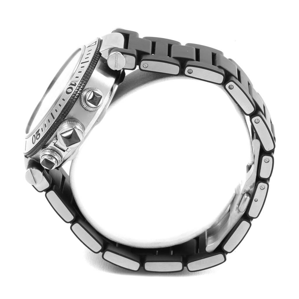 The image shows a side view of a Cartier Pasha W31088U2 Men
s Stainless Steel Black Dial W31088U2 Men
s Stainless Steel Black Dial watch, highlighting the crown, bezel, and part of the bracelet.