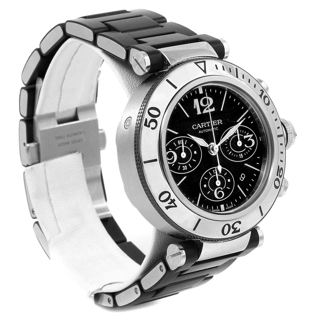 The image shows a Cartier Pasha W31088U2 Men
s Stainless Steel Black Dial W31088U2 Men
s Stainless Steel Black Dial watch at a three-quarter angle, highlighting its face, bezel, and part of the bracelet.
