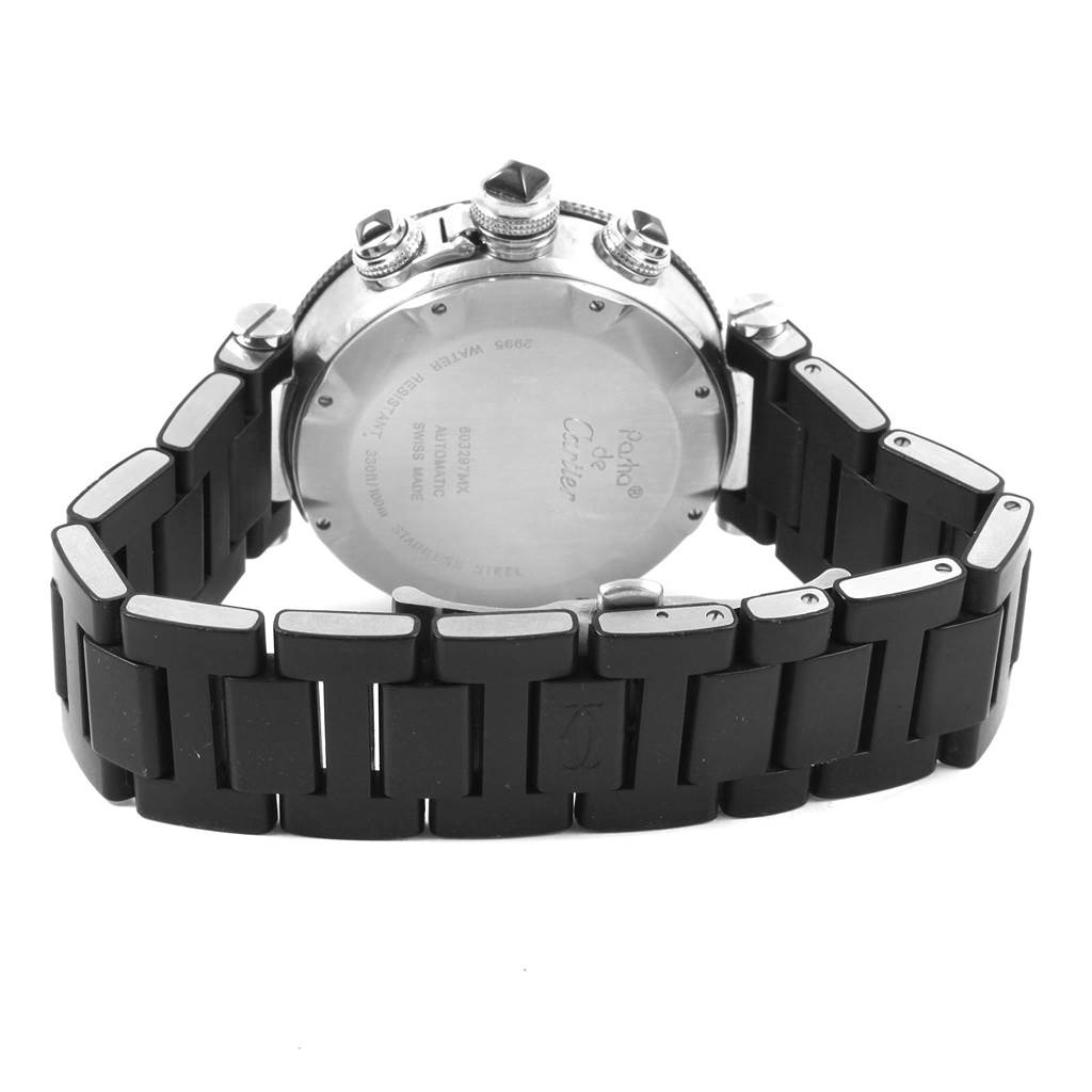 The image shows the back view of the Cartier Pasha W31088U2 Men
s Stainless Steel Black Dial W31088U2 Men
s Stainless Steel Black Dial watch, highlighting its case back and black metal bracelet.