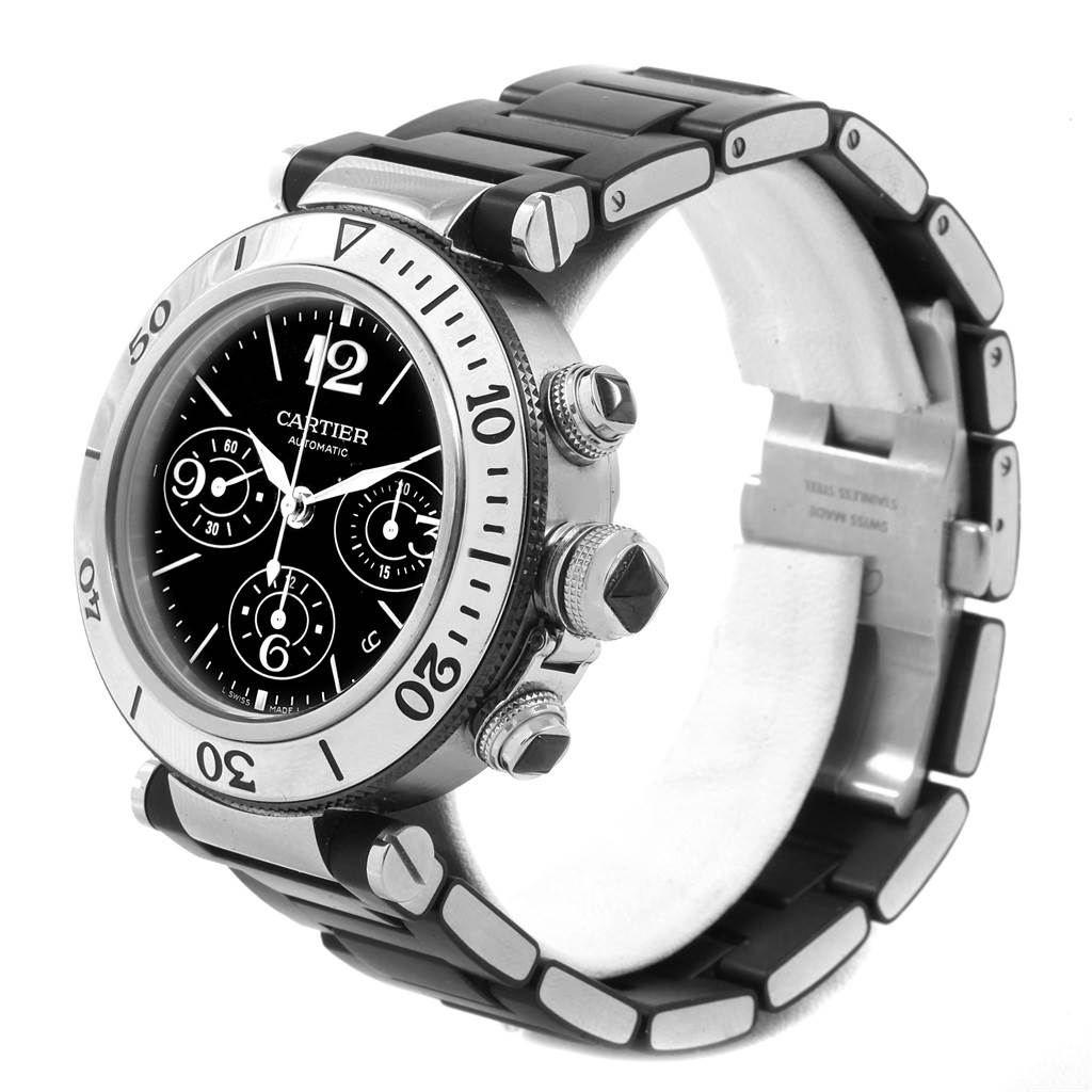 This image shows a Cartier Pasha W31088U2 Men
s Stainless Steel Black Dial W31088U2 Men
s Stainless Steel Black Dial watch at a three-quarter angle, highlighting the bezel, dial, crown, and bracelet.