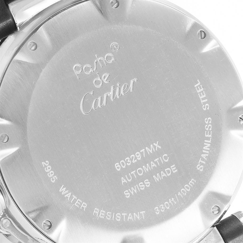 The image shows the stainless steel back case of a Cartier Pasha W31088U2 Men
s Stainless Steel Black Dial W31088U2 Men
s Stainless Steel Black Dial watch, displaying model and specifications details.