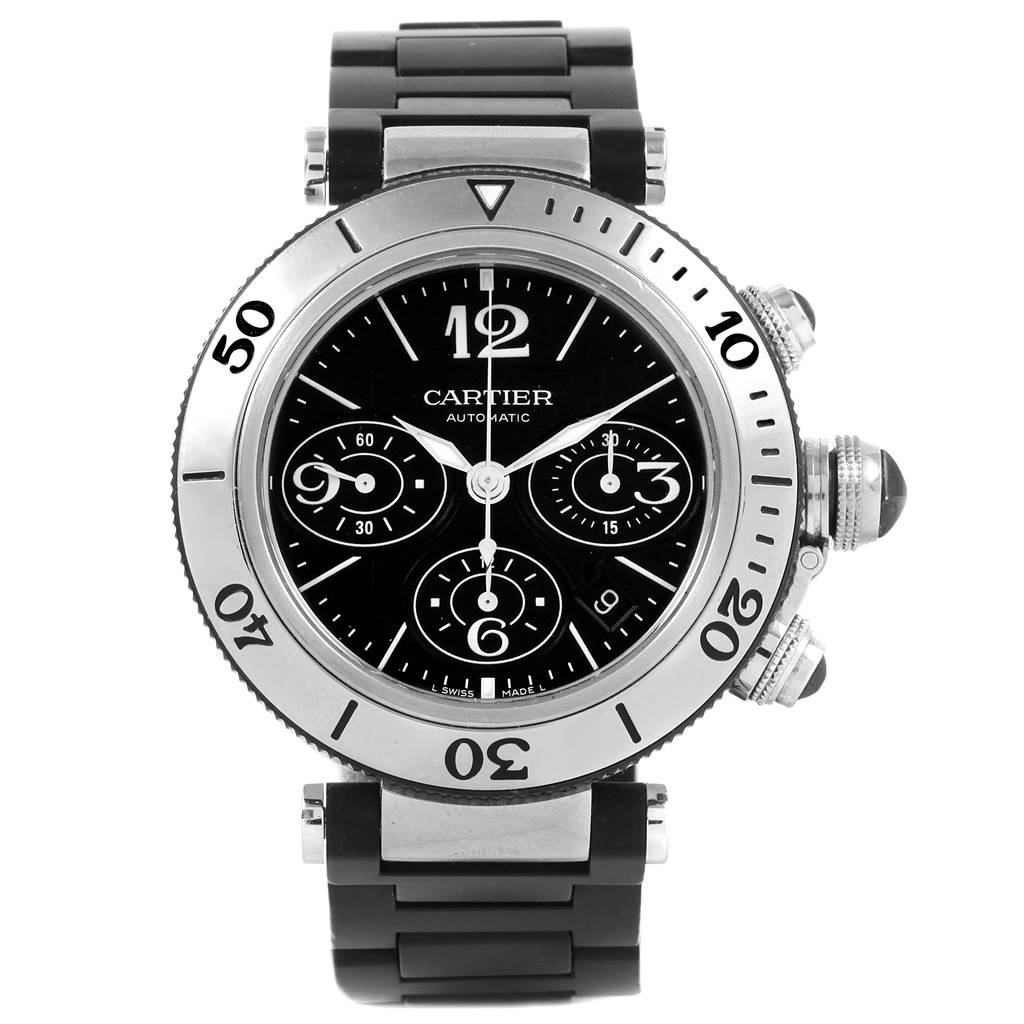 The image shows a front view of a Cartier Pasha W31088U2 Men
s Stainless Steel Black Dial W31088U2 Men
s Stainless Steel Black Dial watch featuring a black dial, stainless steel case, and rubber strap.