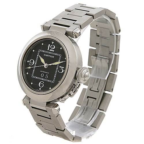 The image shows a side and slightly angled view of a Cartier Pasha W31055M7 Stainless Steel Black Dial W31055M7 Stainless Steel Black Dial watch, highlighting its face, bezel, and metal bracelet.