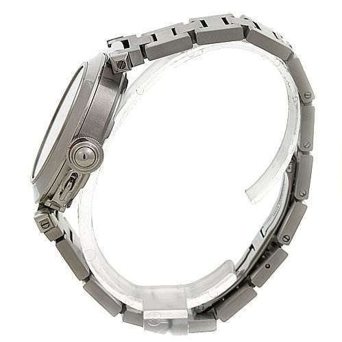 The image shows a side view of a Cartier Pasha W31055M7 Stainless Steel Black Dial W31055M7 Stainless Steel Black Dial model watch, highlighting its case, crown, and bracelet.