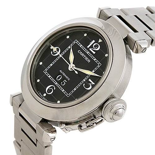 The image shows a Cartier Pasha W31055M7 Stainless Steel Black Dial W31055M7 Stainless Steel Black Dial watch at a slight angle, displaying the face, bracelet, crown guard, and case.