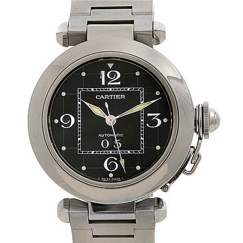 The image shows a front view of the Cartier Pasha W31055M7 Stainless Steel Black Dial W31055M7 Stainless Steel Black Dial watch, highlighting its round face, bracelet, and crown cover.