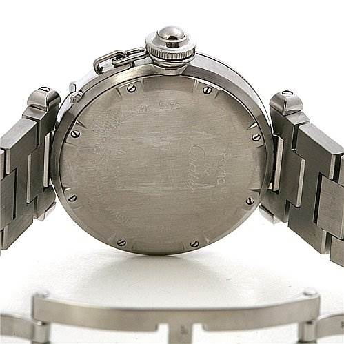 This image shows the back case and strap of a Cartier Pasha W31055M7 Stainless Steel Black Dial W31055M7 Stainless Steel Black Dial watch, viewed from the rear.