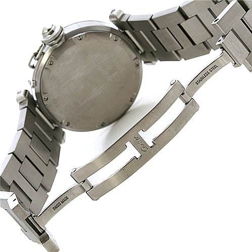 The image shows the backside and bracelet of a Cartier Pasha W31055M7 Stainless Steel Black Dial W31055M7 Stainless Steel Black Dial watch, focusing on the case back and stainless steel clasp.