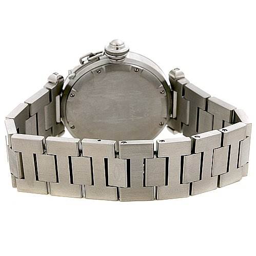 The image shows the back case and stainless steel bracelet of a Cartier Pasha W31055M7 Stainless Steel Black Dial W31055M7 Stainless Steel Black Dial watch, viewed from a rear angle.