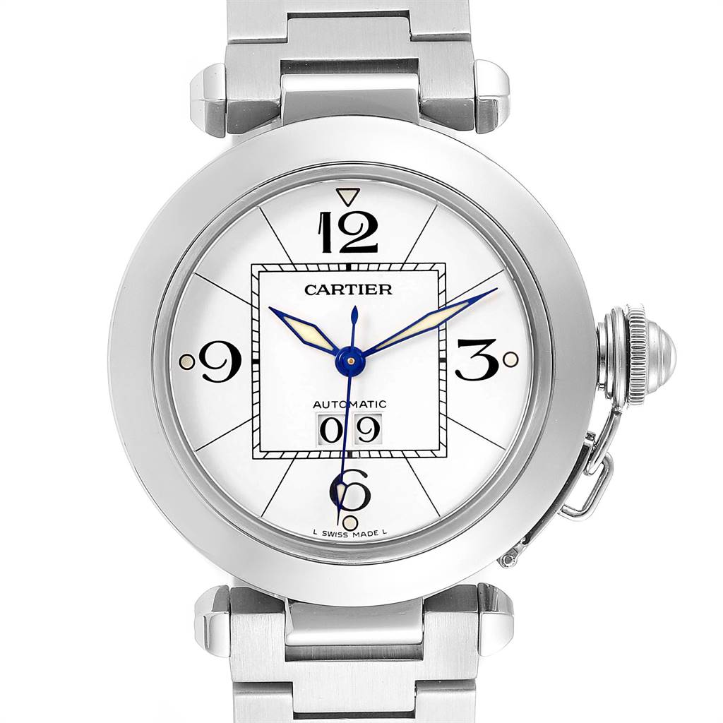 The image shows a front view of the Cartier Pasha W31055M7 Men's Stainless Steel White Dial W31055M7 Men's Stainless Steel White Dial watch, highlighting the face, numerals, and part of the metal strap.