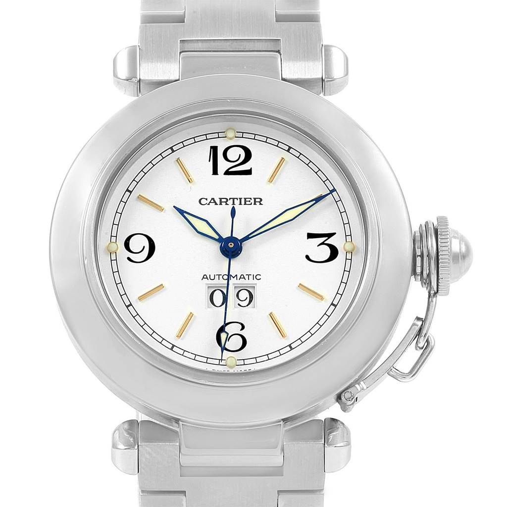 The image shows a front view of a Cartier Pasha W31044M7 Stainless Steel White Dial W31044M7 Stainless Steel White Dial watch, displaying the watch face, bezel, crown, and part of the bracelet.
