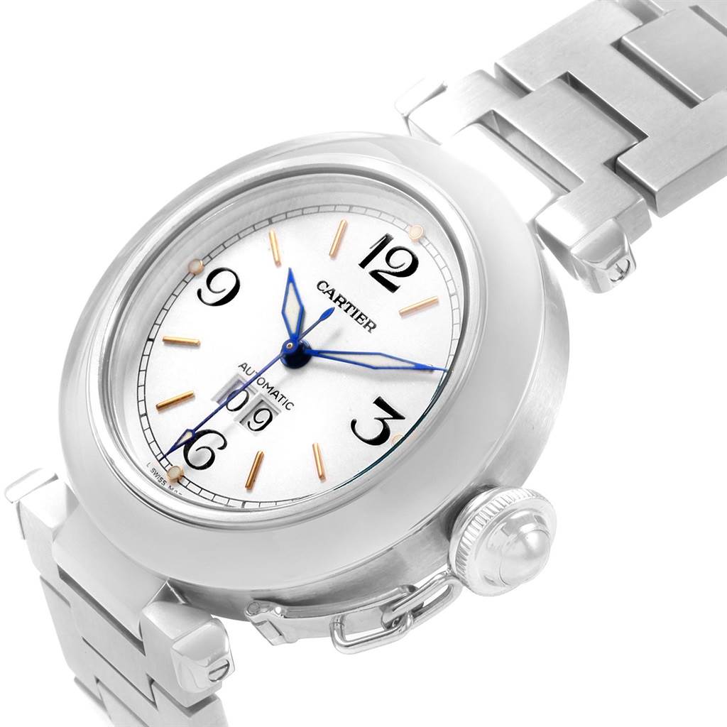 The image shows a Cartier Pasha W31044M7 Stainless Steel White Dial W31044M7 Stainless Steel White Dial model watch from an angled perspective, highlighting the face, crown, and part of the bracelet.