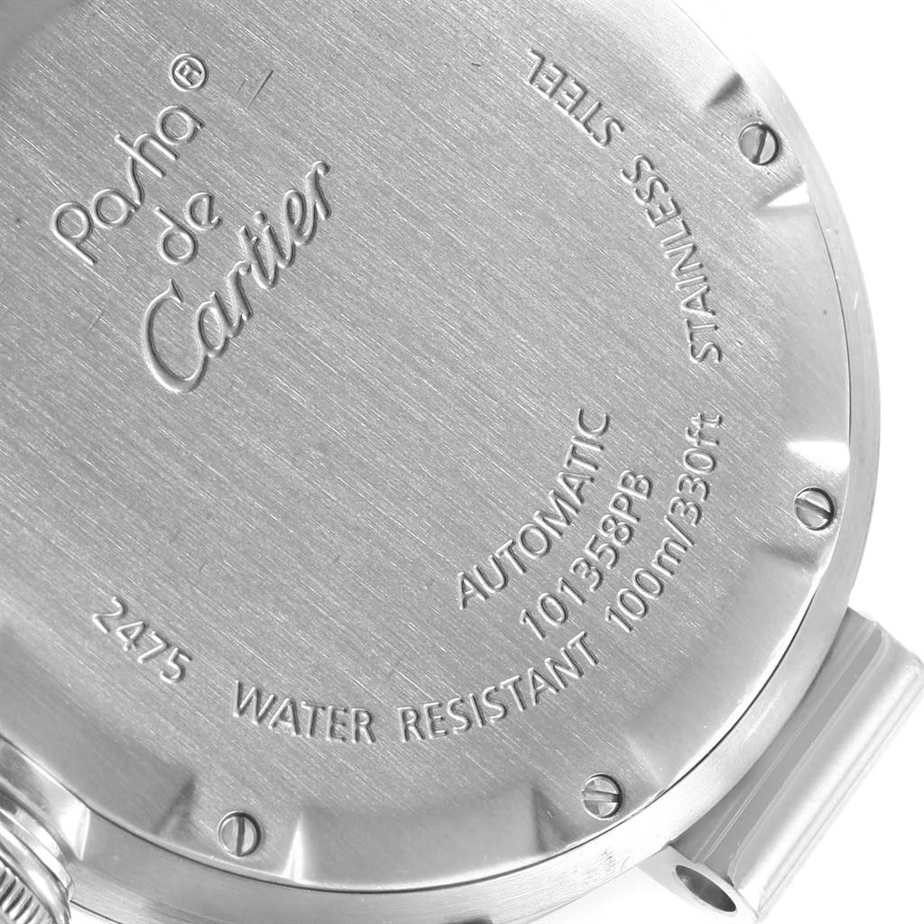 The image shows the back case of the Cartier Pasha W31044M7 Stainless Steel White Dial W31044M7 Stainless Steel White Dial watch, highlighting its engraved details and specifications.