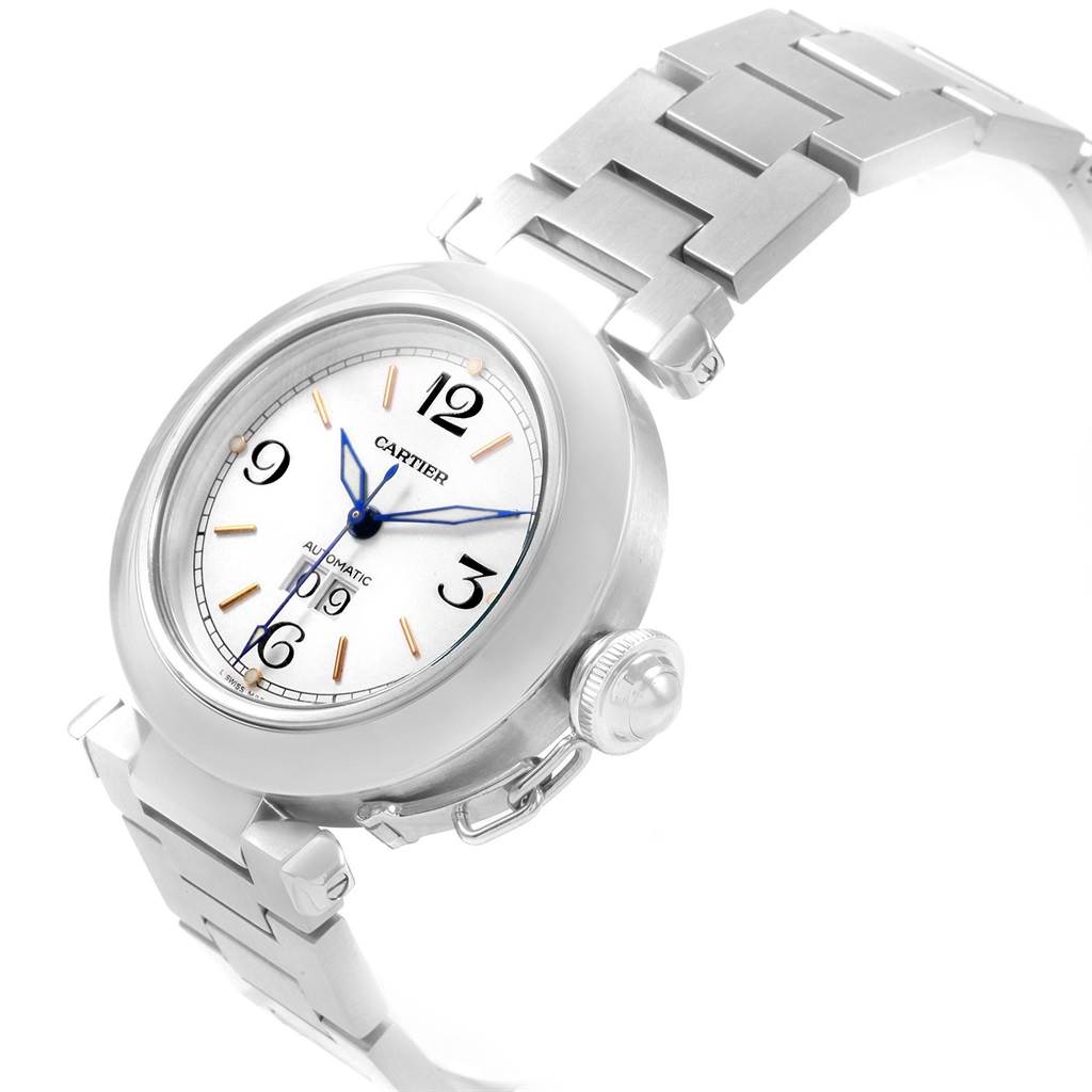 This image shows the Cartier Pasha W31044M7 Stainless Steel White Dial W31044M7 Stainless Steel White Dial watch from a diagonally top-left angle, displaying the face, crown, and part of the bracelet.