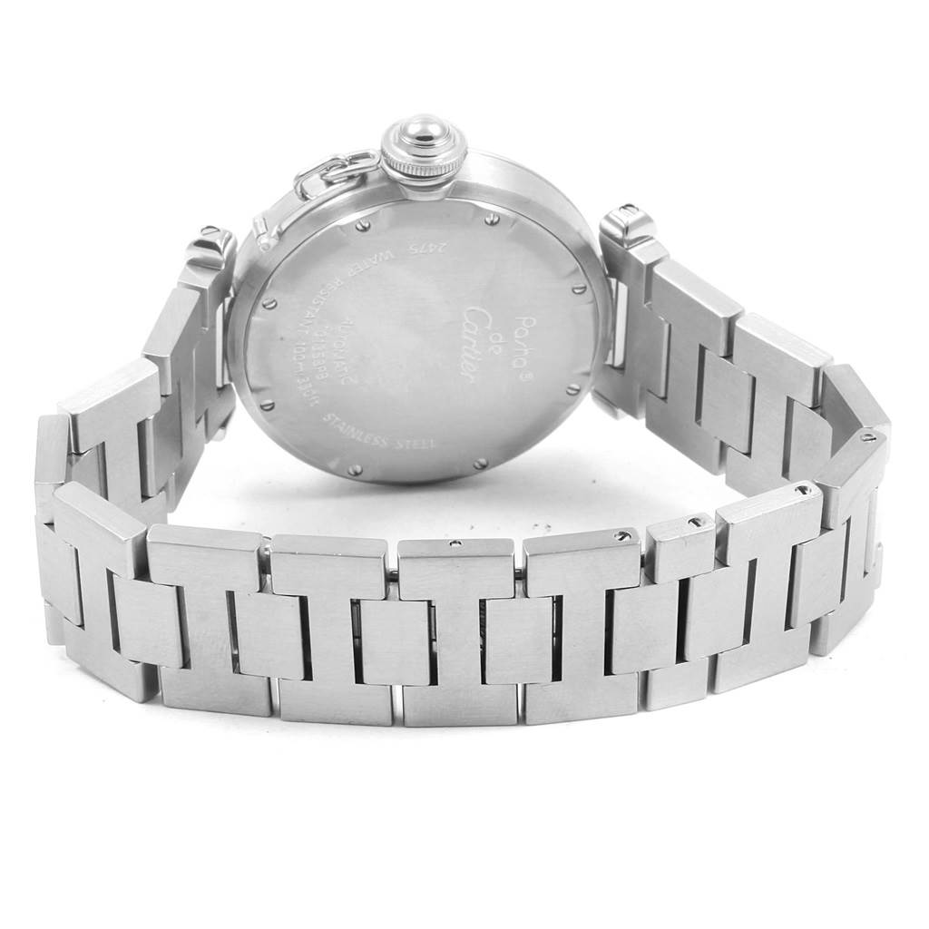 The image shows the back case and metal bracelet of a Cartier Pasha W31044M7 Stainless Steel White Dial W31044M7 Stainless Steel White Dial model watch from a rear angle.