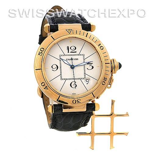 The image shows a front view of a Cartier Pasha Women's Yellow Gold Silver Dial Women's Yellow Gold Silver Dial watch with a gold case, leather strap, and an additional grille accessory.