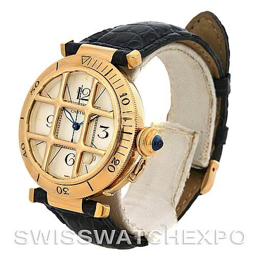This image shows a Cartier Pasha Women's Yellow Gold Silver Dial Women's Yellow Gold Silver Dial watch from a side angle, highlighting the gold case, grid pattern on the dial, and black leather strap.