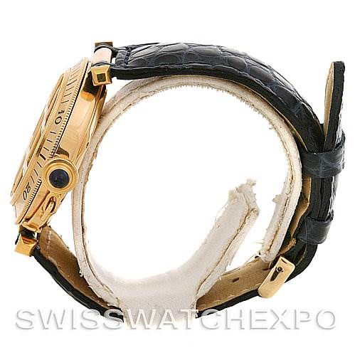 This image shows a Cartier Pasha Women's Yellow Gold Silver Dial Women's Yellow Gold Silver Dial watch from a side angle, highlighting the case and strap.