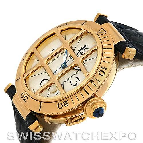 The image shows a Cartier Pasha Women's Yellow Gold Silver Dial Women's Yellow Gold Silver Dial watch at a slight angle, highlighting its gold case, grid cover, and blue details.