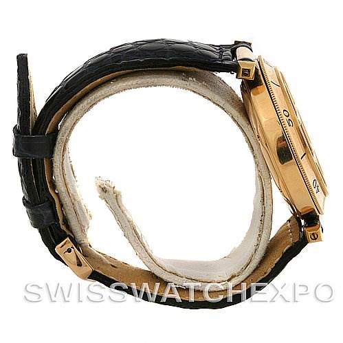 The image shows a side profile view of a Cartier Pasha Women's Yellow Gold Silver Dial Women's Yellow Gold Silver Dial model watch, highlighting its case, bezel, and leather strap.