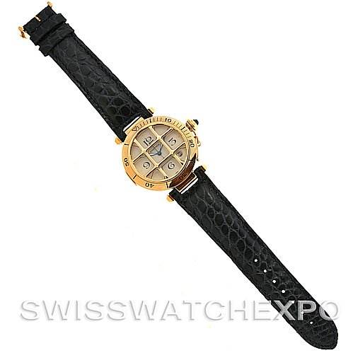 The image shows a Cartier Pasha Women's Yellow Gold Silver Dial Women's Yellow Gold Silver Dial model watch from a top-down angle, displaying its gold case and black leather strap.