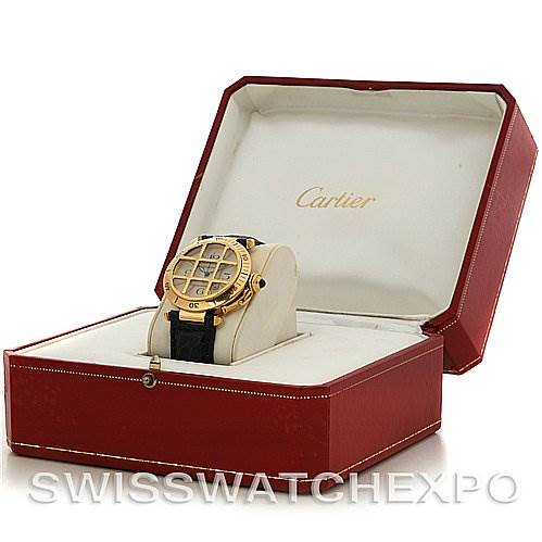 The image shows a Cartier Pasha Women's Yellow Gold Silver Dial Women's Yellow Gold Silver Dial watch in a slightly open red Cartier watch box.