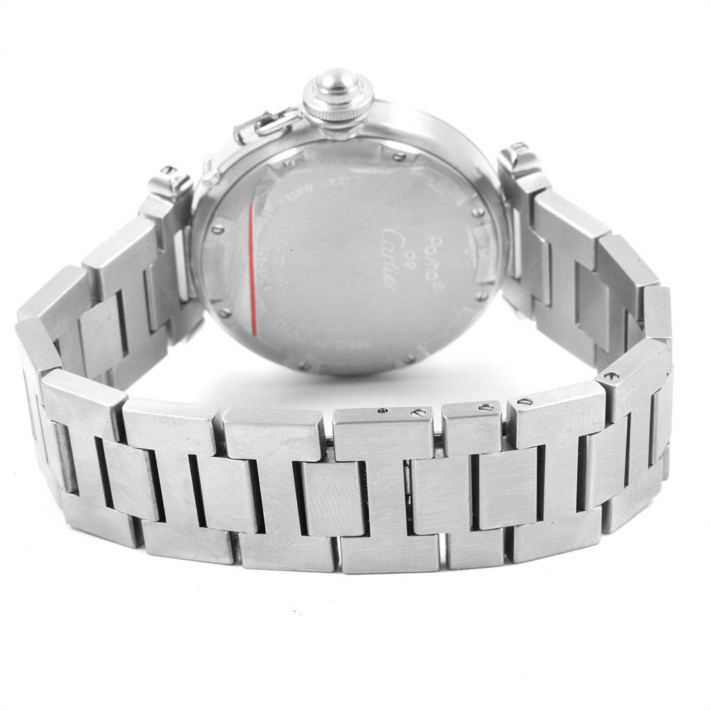 The image shows the back and bracelet of a Cartier Pasha W31074M7 Stainless Steel White Dial W31074M7 Stainless Steel White Dial watch, featuring its metal links and case back.