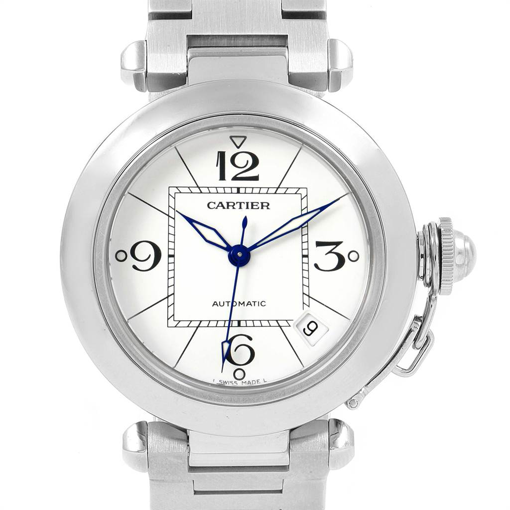 This image shows the face and upper bracelet of the Pasha model by Cartier from a front angle.