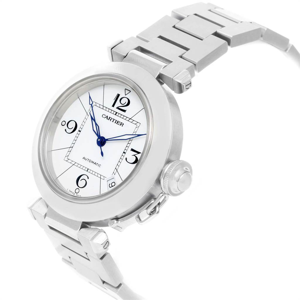 This image shows a Cartier Pasha W31074M7 Stainless Steel White Dial W31074M7 Stainless Steel White Dial watch angled to showcase its face, crown, and part of the metallic bracelet.