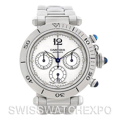 This image shows a front view of the Cartier Pasha W31030H3 Women
s Stainless Steel Silver Dial W31030H3 Women
s Stainless Steel Silver Dial watch, displaying its dial, bezel, and bracelet.