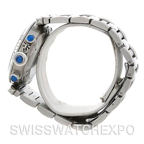 The image shows a side view of the Cartier Pasha W31030H3 Women
s Stainless Steel Silver Dial W31030H3 Women
s Stainless Steel Silver Dial model watch, highlighting the crown and part of the bracelet.