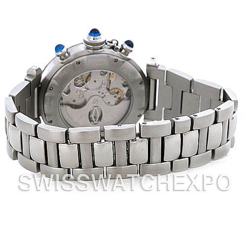 This image shows the back view of the Cartier Pasha W31030H3 Women
s Stainless Steel Silver Dial W31030H3 Women
s Stainless Steel Silver Dial watch, highlighting its metallic bracelet and the watch movement through the caseback.