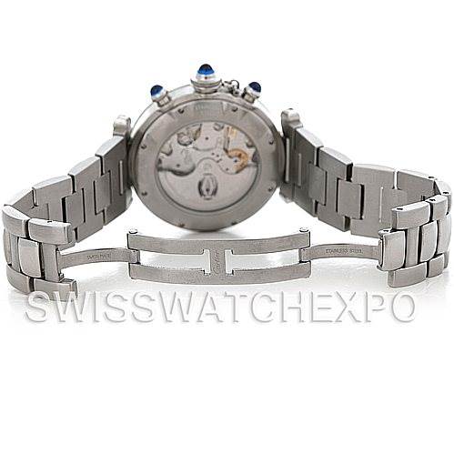 The image shows the backside and open clasp of a Cartier Pasha W31030H3 Women
s Stainless Steel Silver Dial W31030H3 Women
s Stainless Steel Silver Dial watch, highlighting the inner mechanism and metal bracelet.
