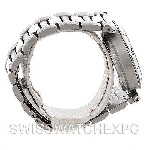 The image shows a side view of the Cartier Pasha W31030H3 Women
s Stainless Steel Silver Dial W31030H3 Women
s Stainless Steel Silver Dial watch, highlighting its band, bezel, and crown.