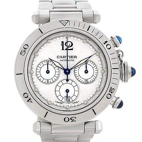 The image shows a frontal view of a Cartier Pasha W31030H3 Women
s Stainless Steel Silver Dial W31030H3 Women
s Stainless Steel Silver Dial watch, highlighting the dial, bezel, crown, subdials, and bracelet.